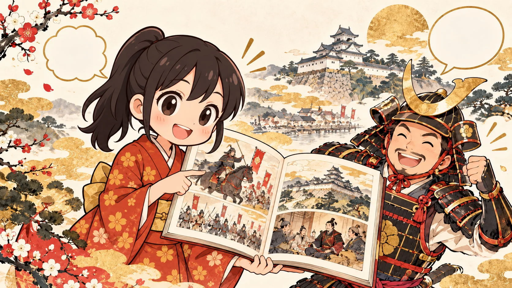 歴史書を開く案内役のお春と笑顔の武将