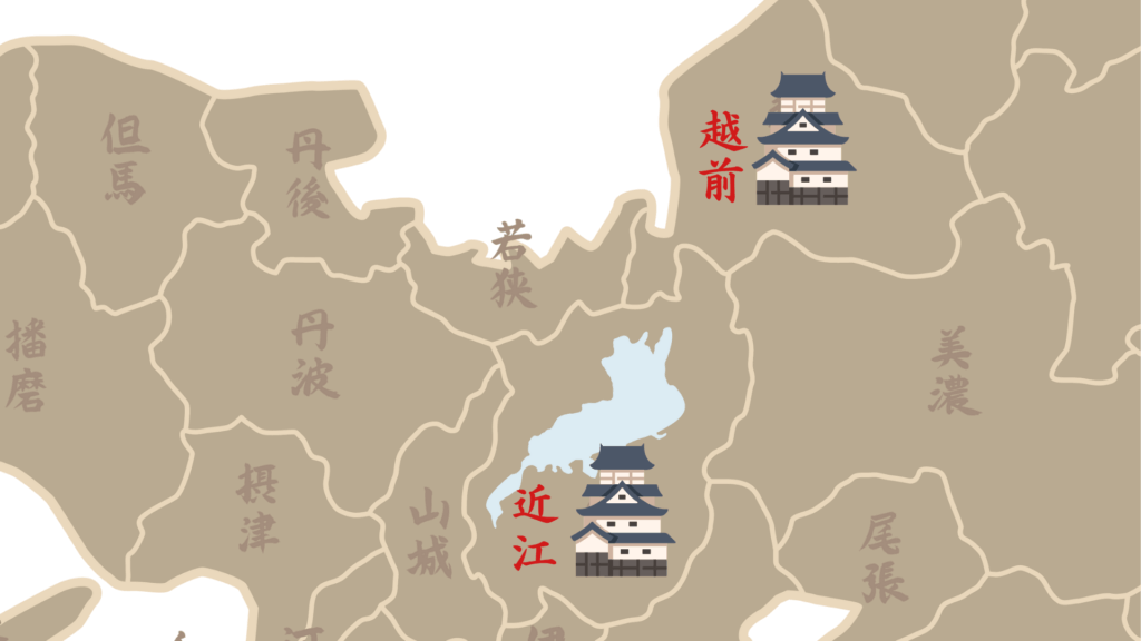 戦国時代の近江佐和山城と越前敦賀城の位置関係図