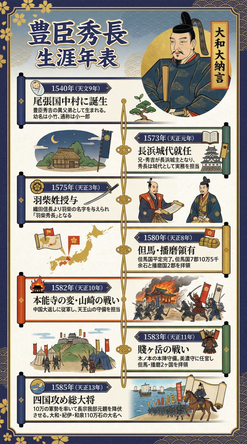 豊臣秀長の年表インフォグラフィック